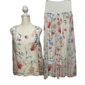 BELLE FRANCE Dress Skirt Top Set Size Medium Silk Blend Floral Sheer Lined